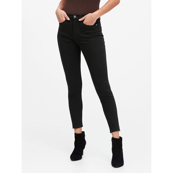 Banana Republic Skinny Jeans Women's 26 Black High Rise‎ Premium Denim Raw Hem - Picture 1 of 15